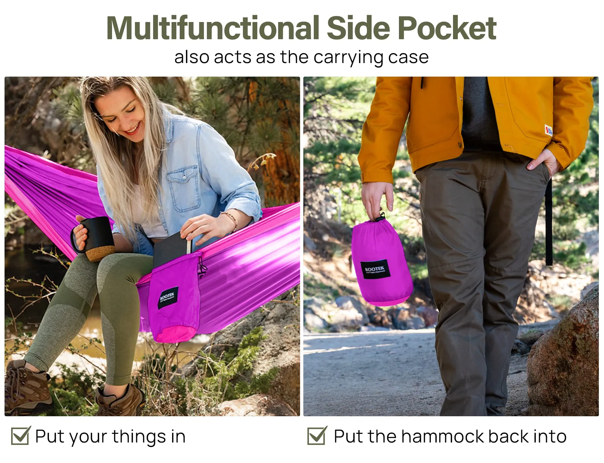 Kootek Camping Hammock Double & Single Portable Hammocks Camping Accessories for Outdoor, Indoor, Backpacking, Travel, Beach, Backyard, Patio, Hiking, Bright Violet & Pink