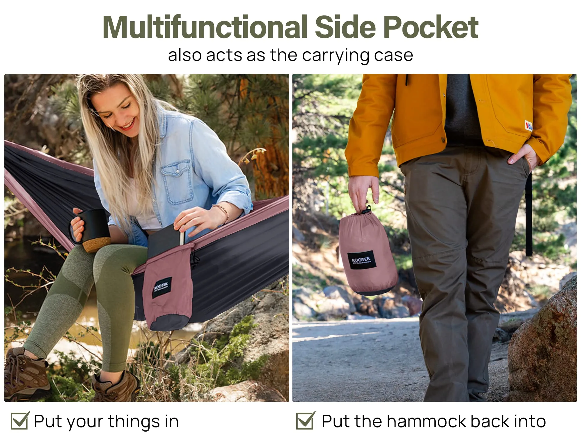 Kootek Camping Hammock Double Portable Hammocks with 2 Tree Straps, Lightweight Nylon Parachute Hammocks for Backpacking, Travel, Beach, Backyard, Patio, Hiking (Charcoal Grey & Rose, Large)