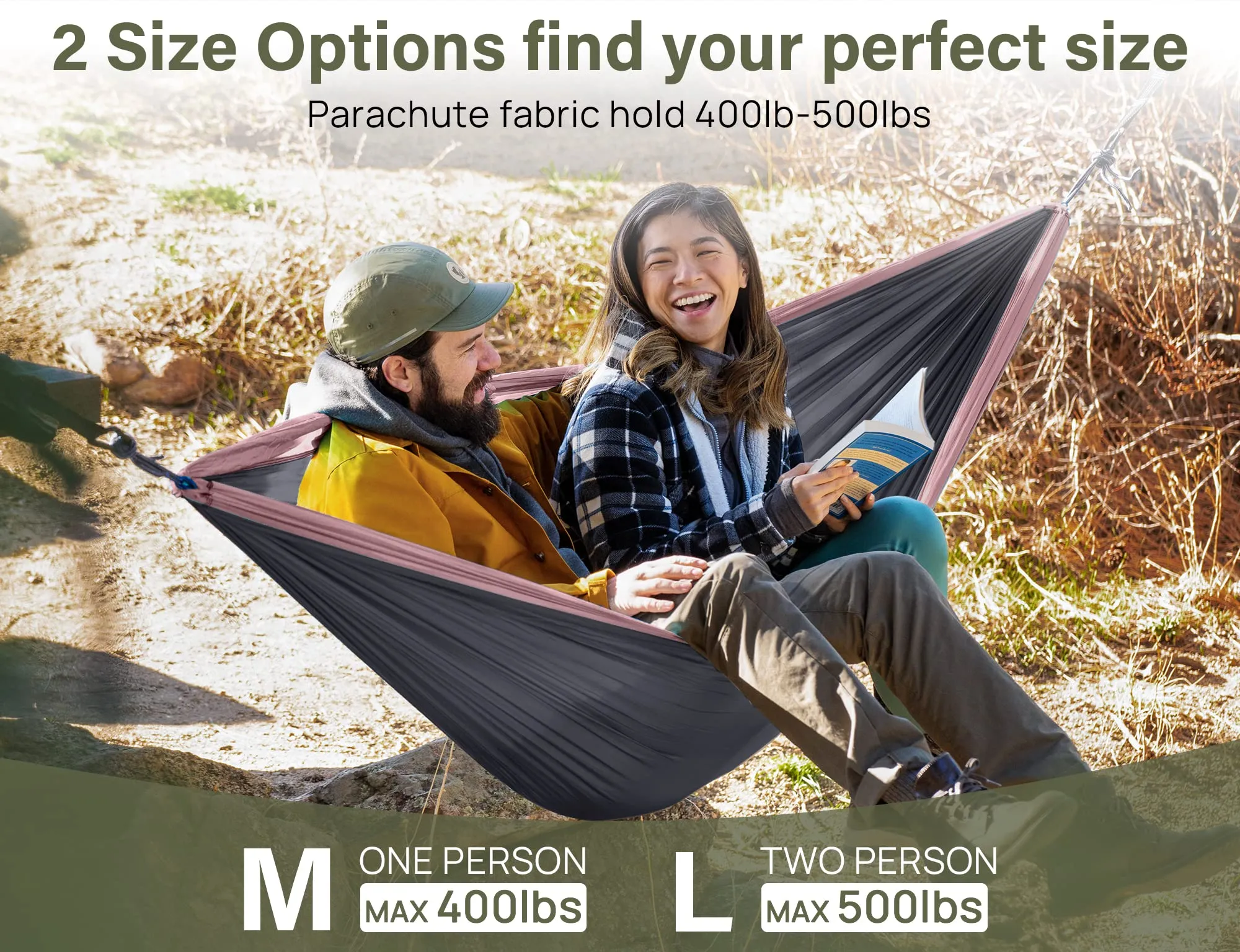 Kootek Camping Hammock Double Portable Hammocks with 2 Tree Straps, Lightweight Nylon Parachute Hammocks for Backpacking, Travel, Beach, Backyard, Patio, Hiking (Charcoal Grey & Rose, Large)