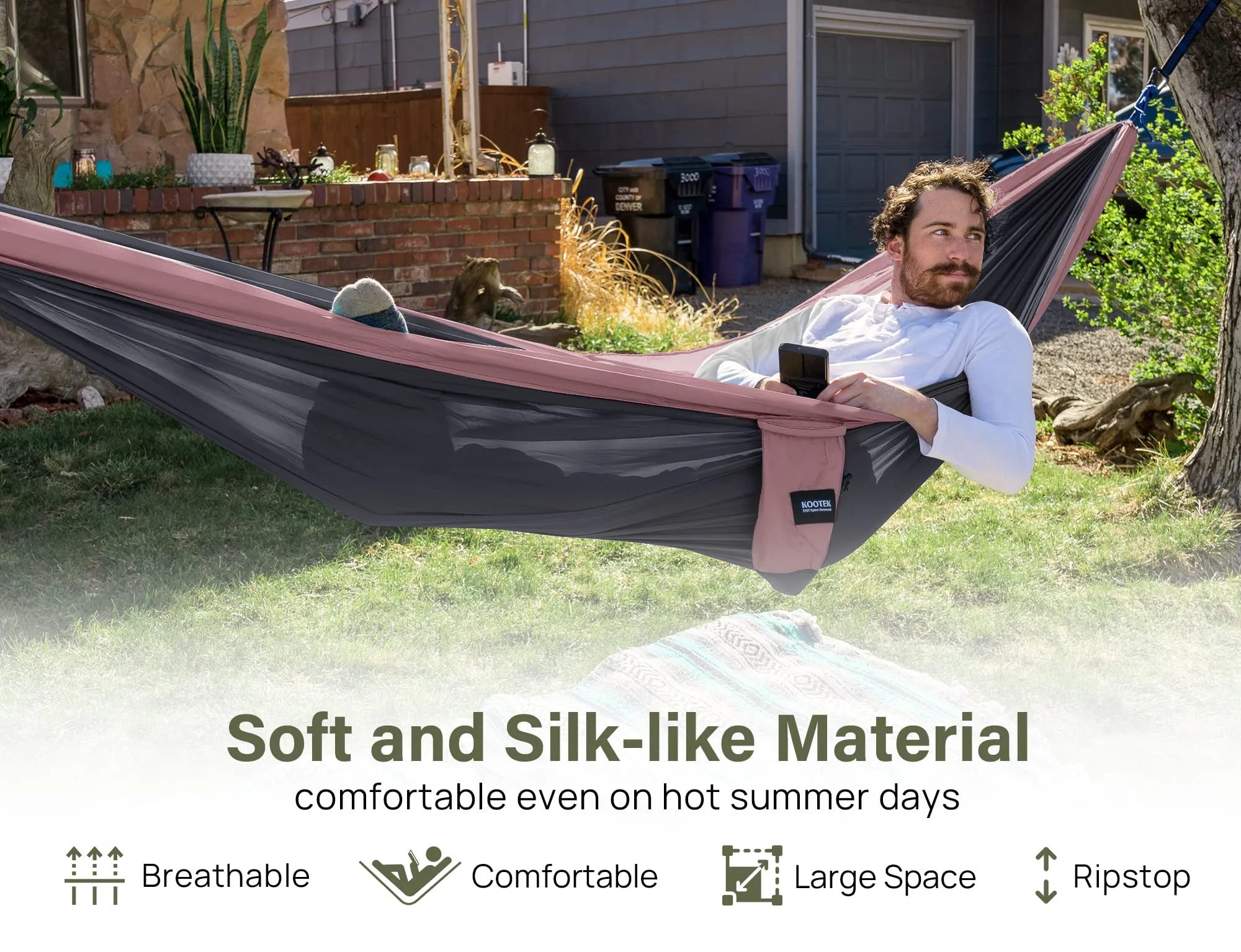Kootek Camping Hammock Double Portable Hammocks with 2 Tree Straps, Lightweight Nylon Parachute Hammocks for Backpacking, Travel, Beach, Backyard, Patio, Hiking (Charcoal Grey & Rose, Large)