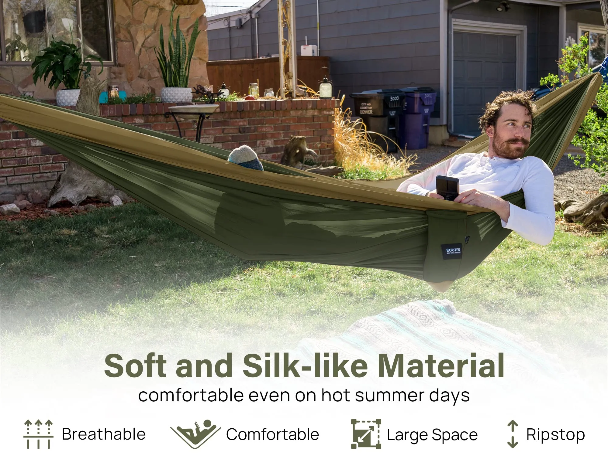 Kootek Camping Hammock Double Portable Hammocks with 2 Tree Straps, Lightweight Nylon Parachute Hammocks for Backpacking, Travel, Beach, Backyard, Patio, Hiking (Olive & Dark Khaki, Large)
