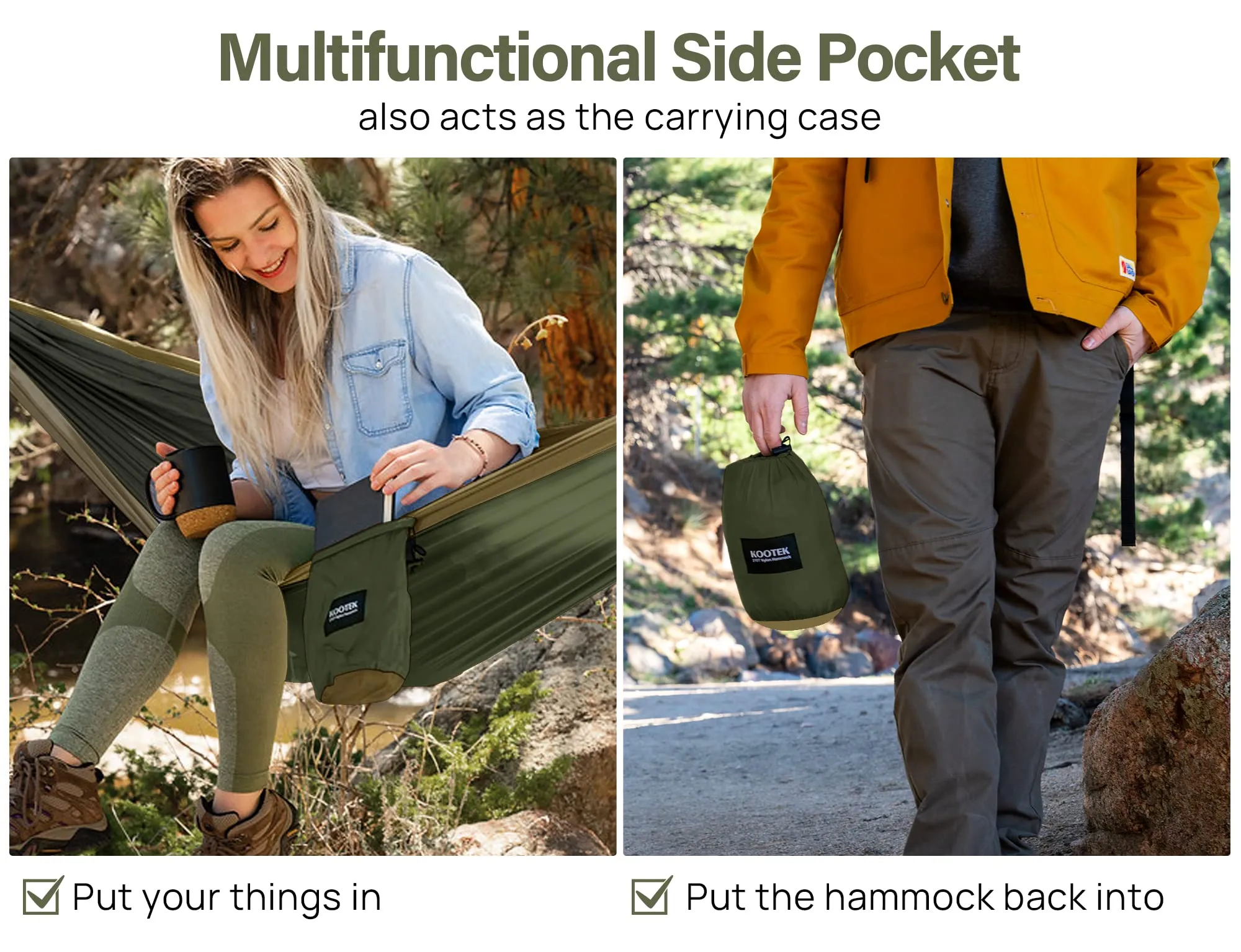Kootek Camping Hammock Double Portable Hammocks with 2 Tree Straps, Lightweight Nylon Parachute Hammocks for Backpacking, Travel, Beach, Backyard, Patio, Hiking (Olive & Dark Khaki, Large)
