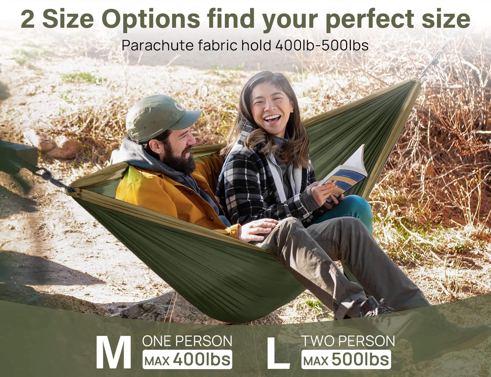 Kootek Camping Hammock Double Portable Hammocks with 2 Tree Straps, Lightweight Nylon Parachute Hammocks for Backpacking, Travel, Beach, Backyard, Patio, Hiking (Olive & Dark Khaki, Large)