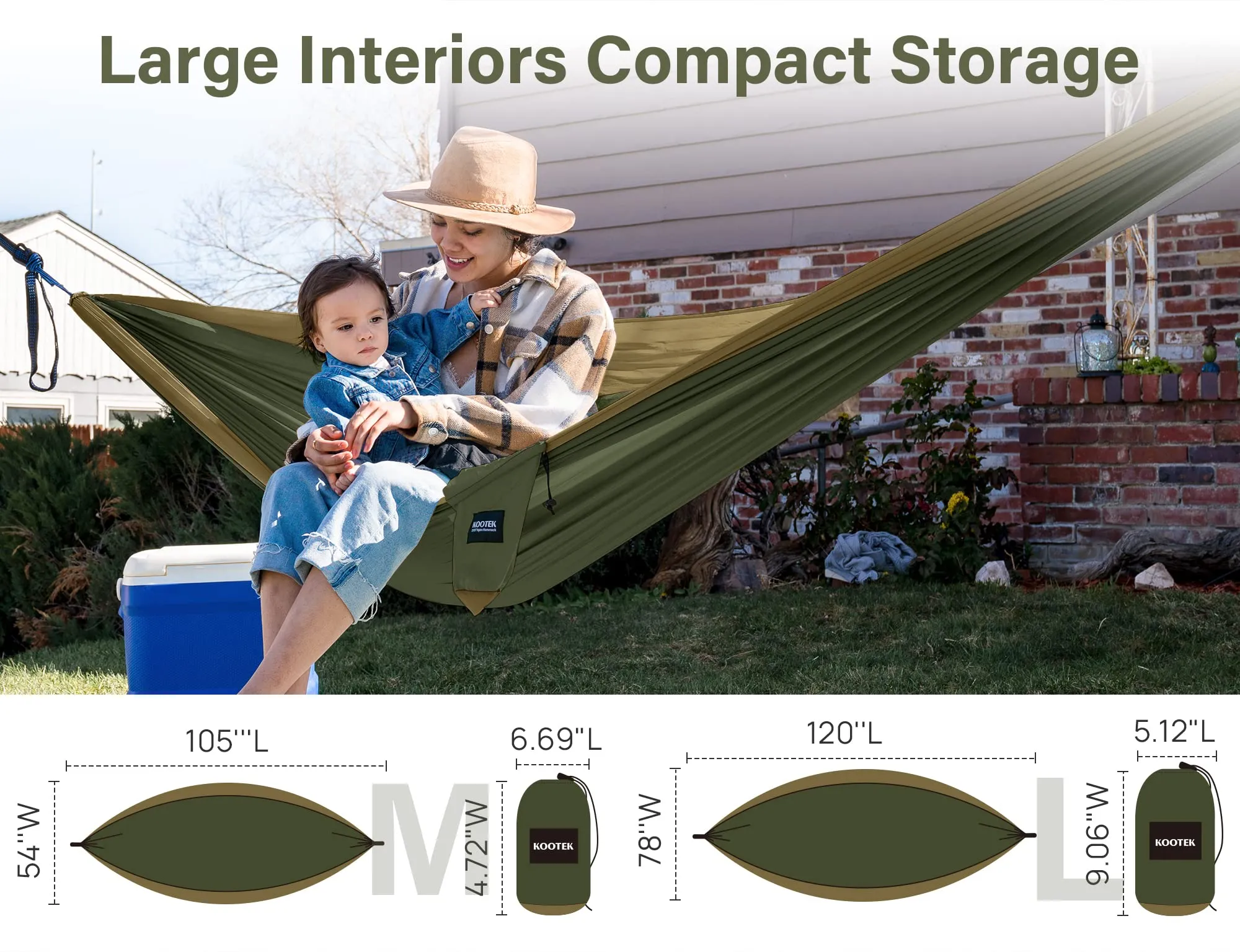 Kootek Camping Hammock Double Portable Hammocks with 2 Tree Straps, Lightweight Nylon Parachute Hammocks for Backpacking, Travel, Beach, Backyard, Patio, Hiking (Olive & Dark Khaki, Large)