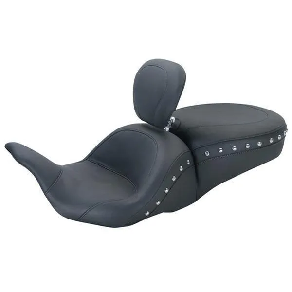 Mustang Lowdown Touring 1-Piece Seat with Driver Backrest and Black Pearl Centered Studs for Harley Davidson 2008-14 Road King, FLHT/FLTR, FLHX