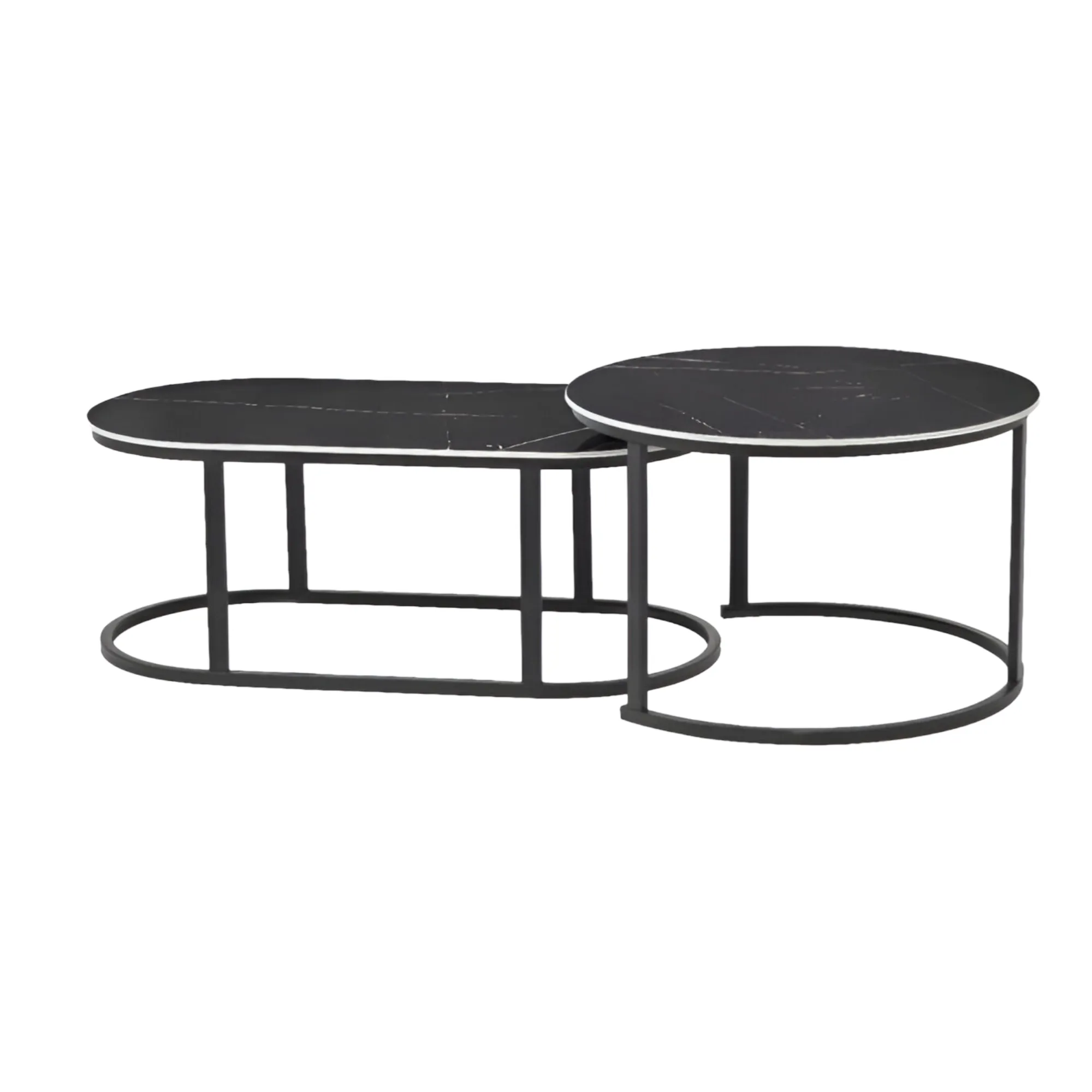 Nesting Living Room Oval And Round Side Coffee Tables With Steel Frame CT-25-5 Black