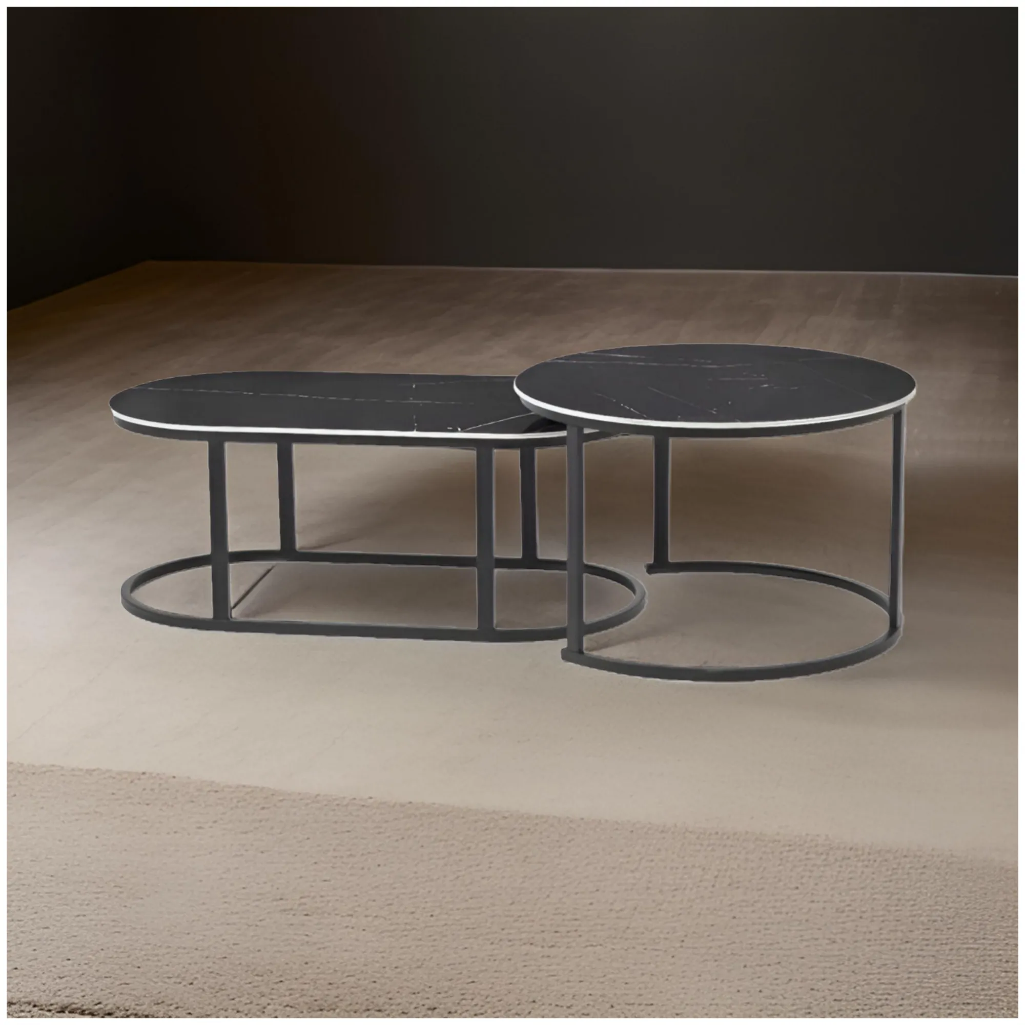 Nesting Living Room Oval And Round Side Coffee Tables With Steel Frame CT-25-5 Black