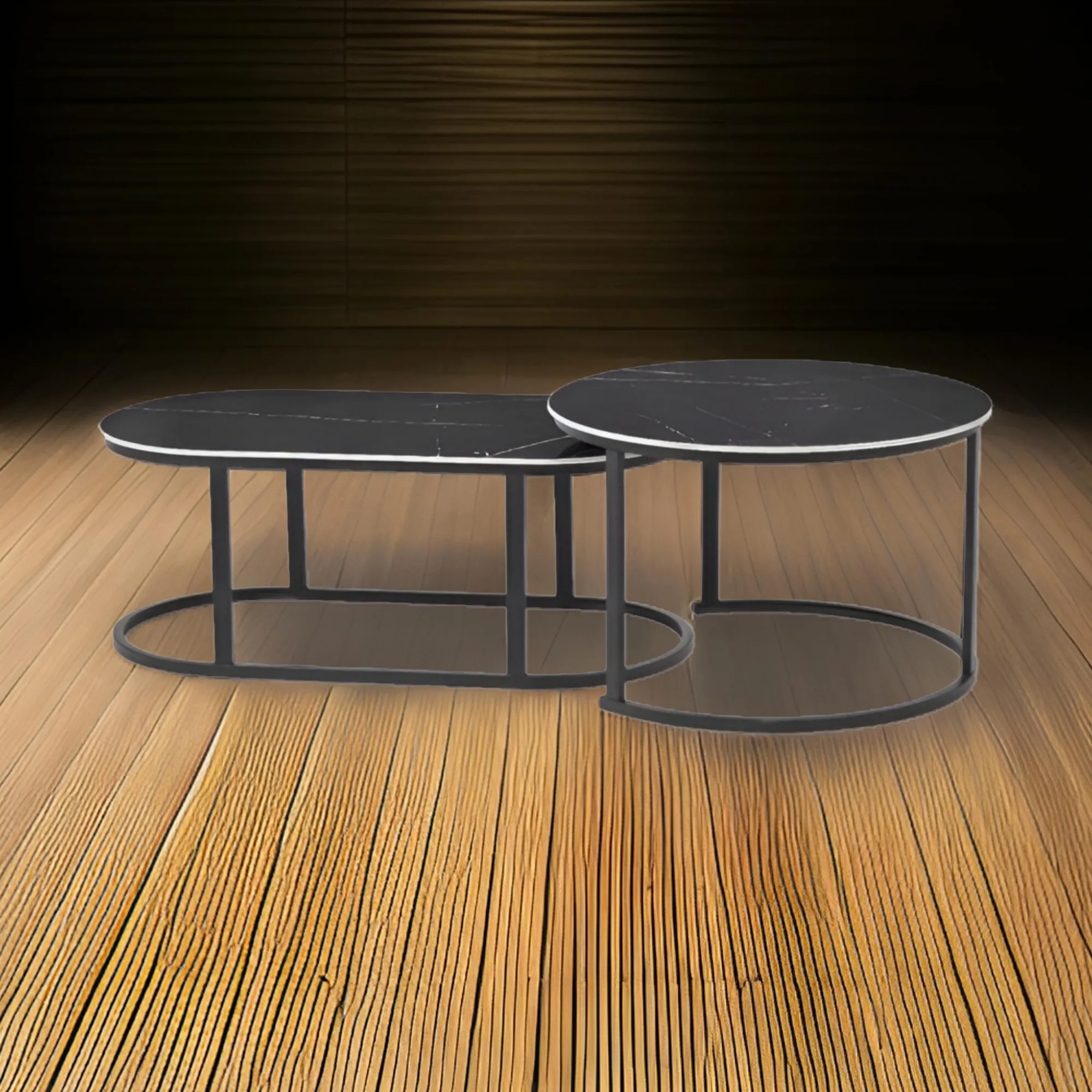 Nesting Living Room Oval And Round Side Coffee Tables With Steel Frame CT-25-5 Black