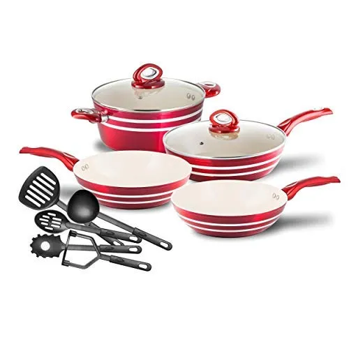 Nonstick Pots and Pans Set Professional Grade 11 Piece Red and Cream