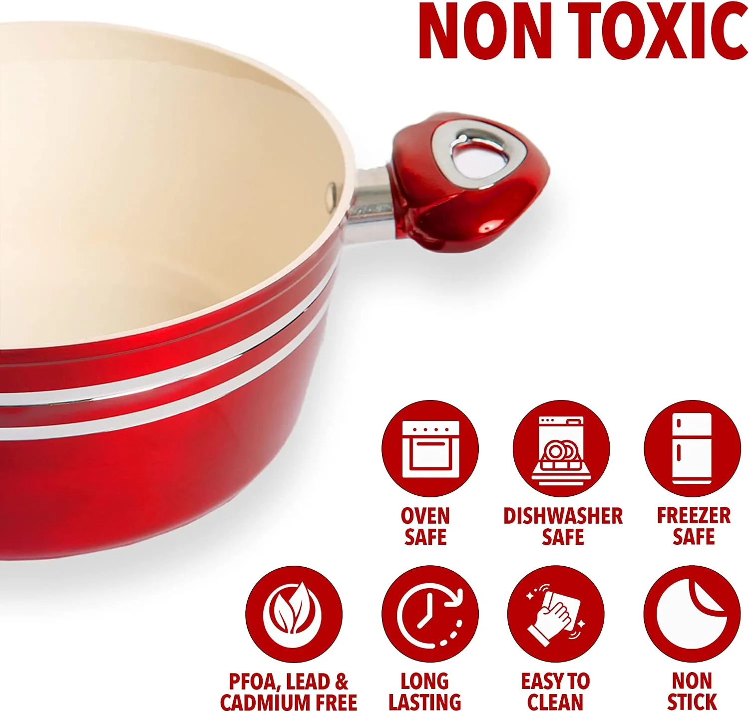 Nonstick Pots and Pans Set Professional Grade 11 Piece Red and Cream
