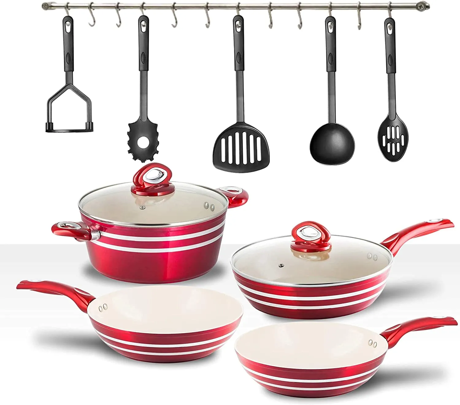 Nonstick Pots and Pans Set Professional Grade 11 Piece Red and Cream