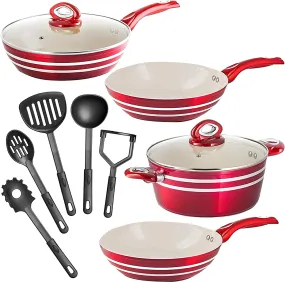Nonstick Pots and Pans Set Professional Grade 11 Piece Red and Cream