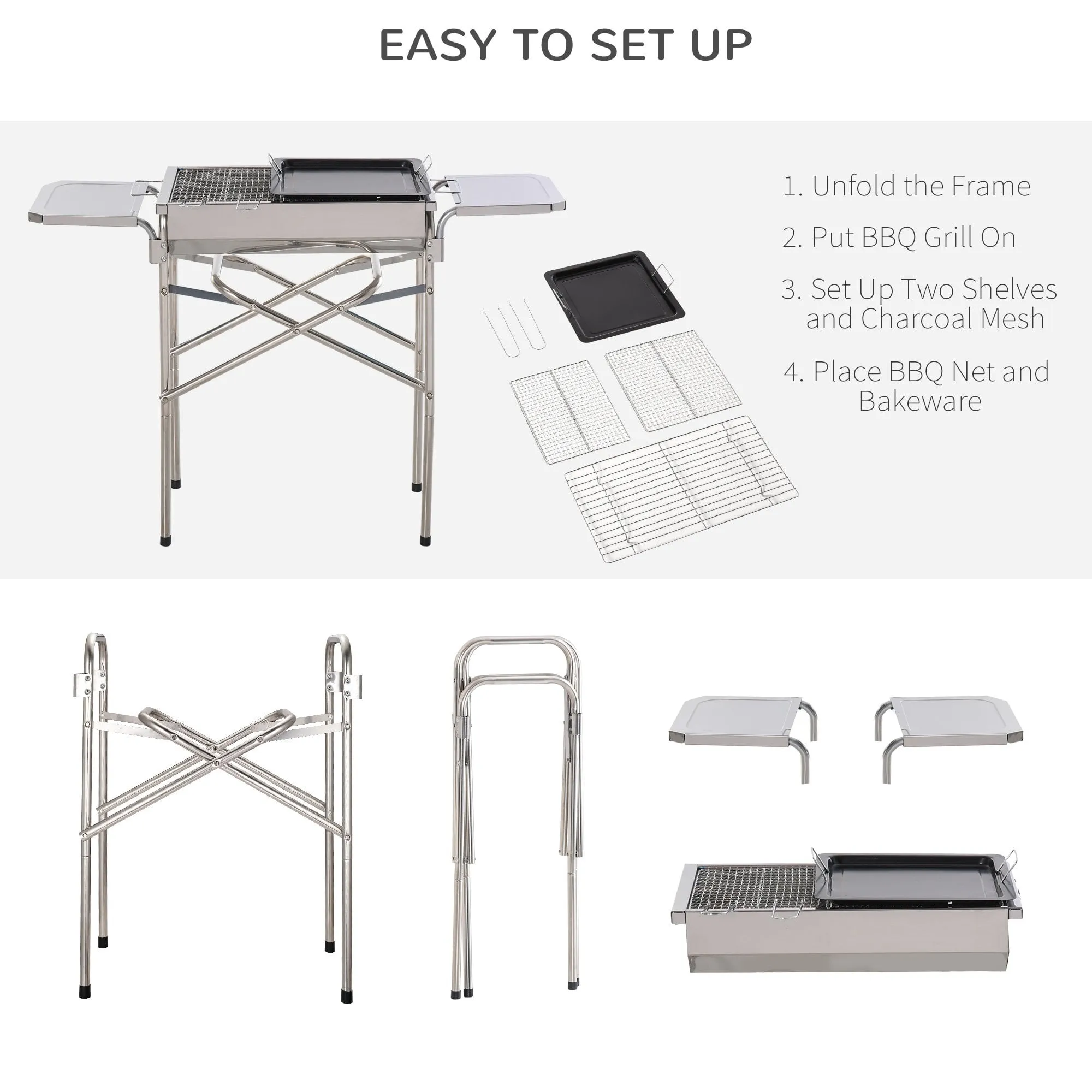Outsunny Large Stainless Steel Charcoal BBQ Grill - Silver