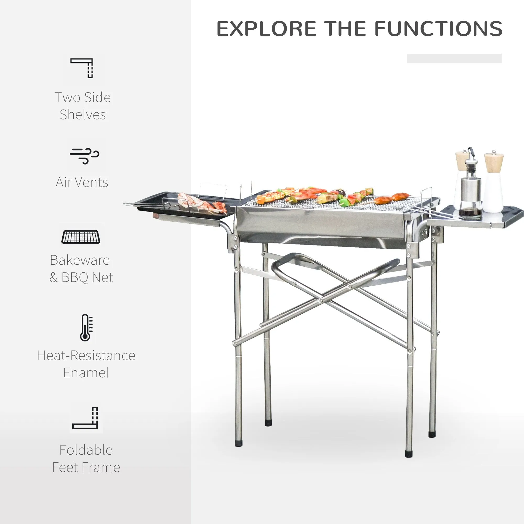 Outsunny Large Stainless Steel Charcoal BBQ Grill - Silver