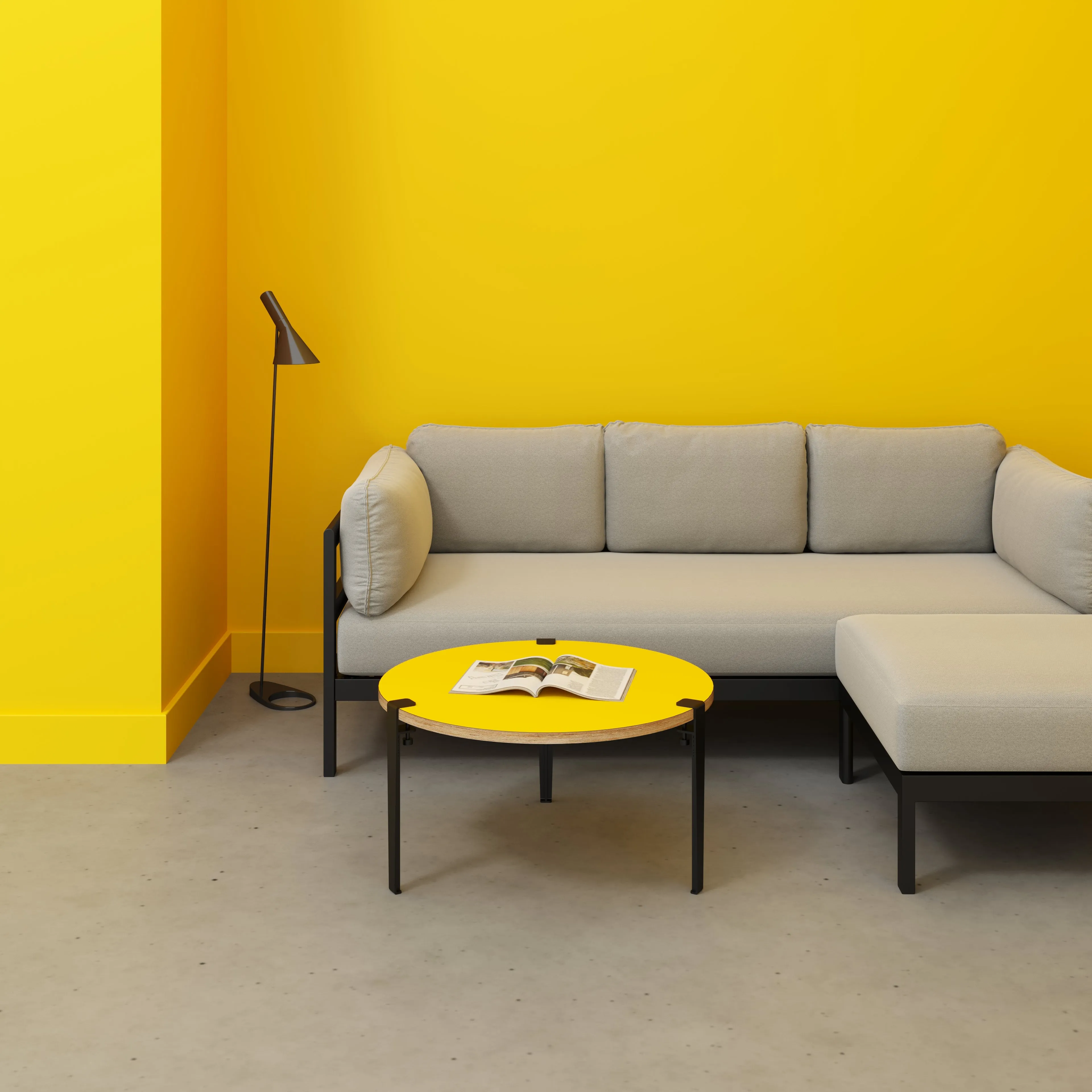 Plywood Round Coffee Table with Black Tiptoe Legs - Formica Chrome Yellow - 800(dia) x 430(h)