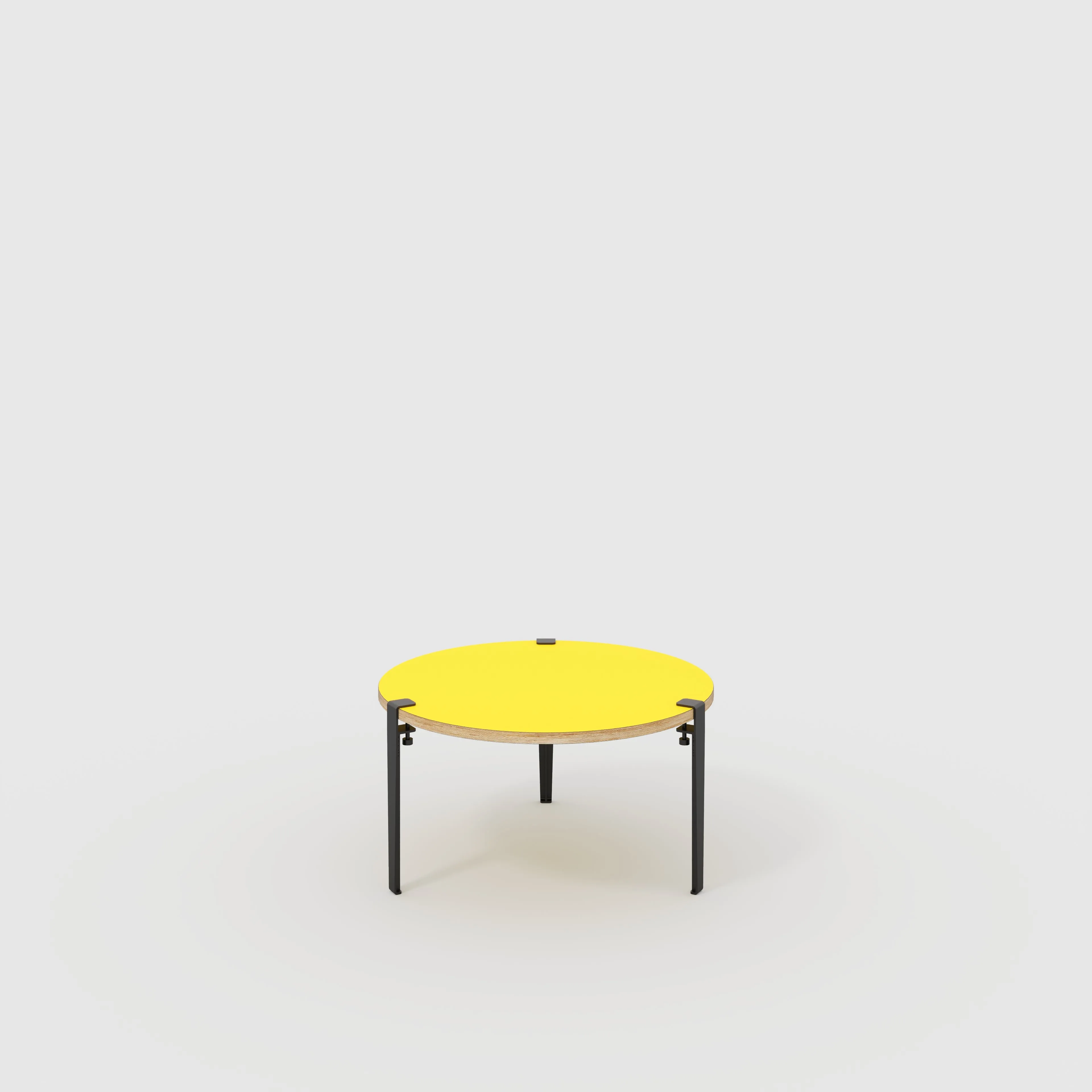 Plywood Round Coffee Table with Black Tiptoe Legs - Formica Chrome Yellow - 800(dia) x 430(h)