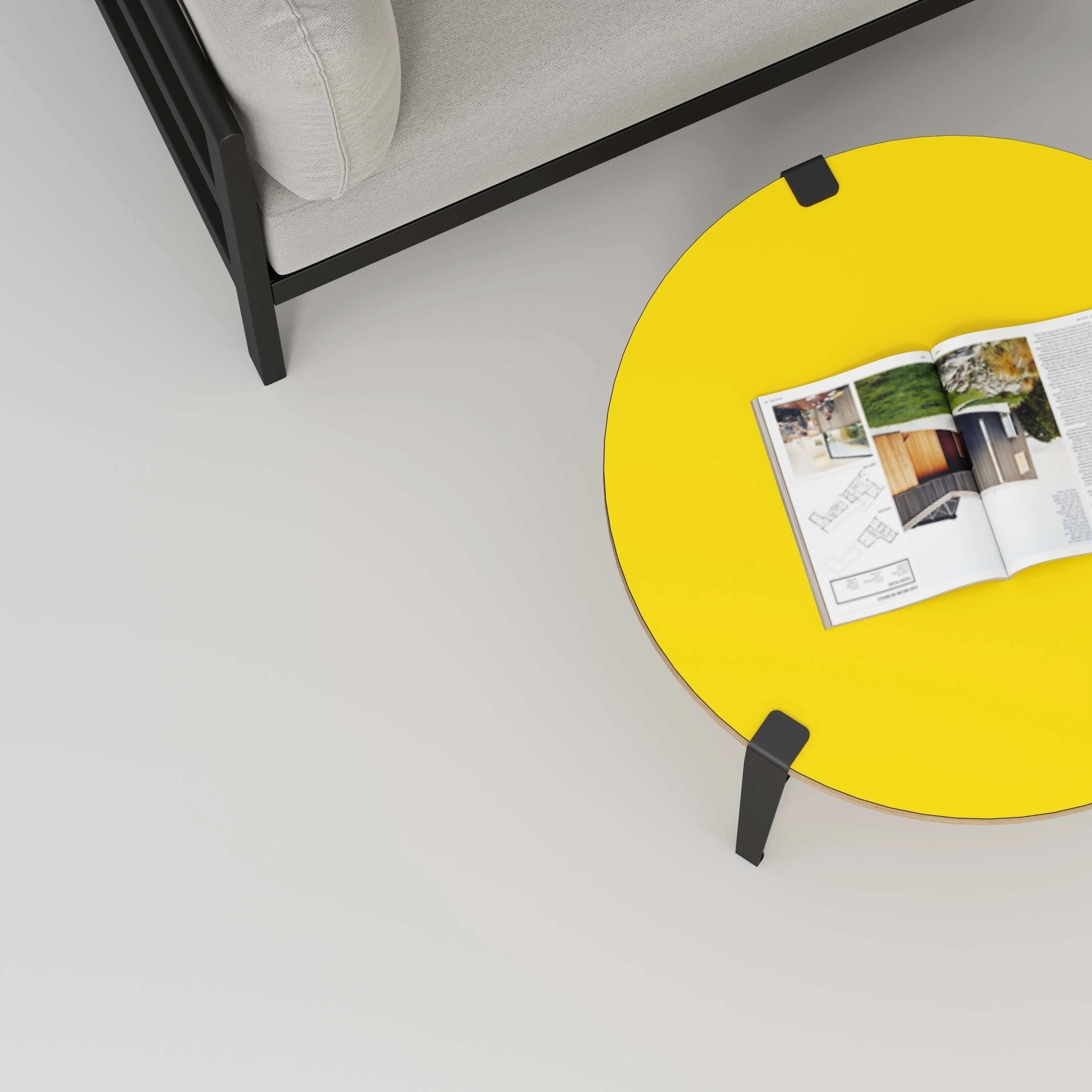 Plywood Round Coffee Table with Black Tiptoe Legs - Formica Chrome Yellow - 800(dia) x 430(h)