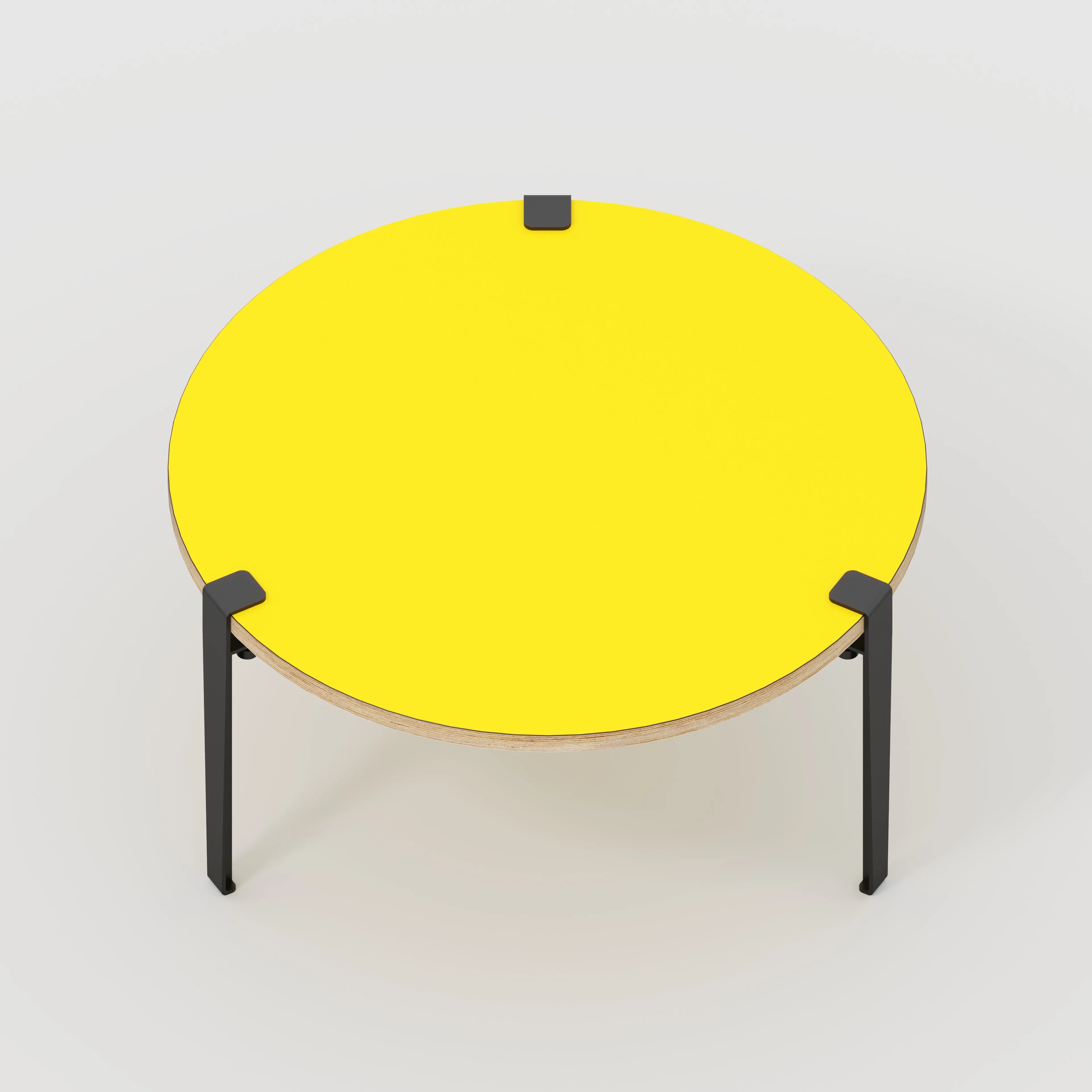 Plywood Round Coffee Table with Black Tiptoe Legs - Formica Chrome Yellow - 800(dia) x 430(h)