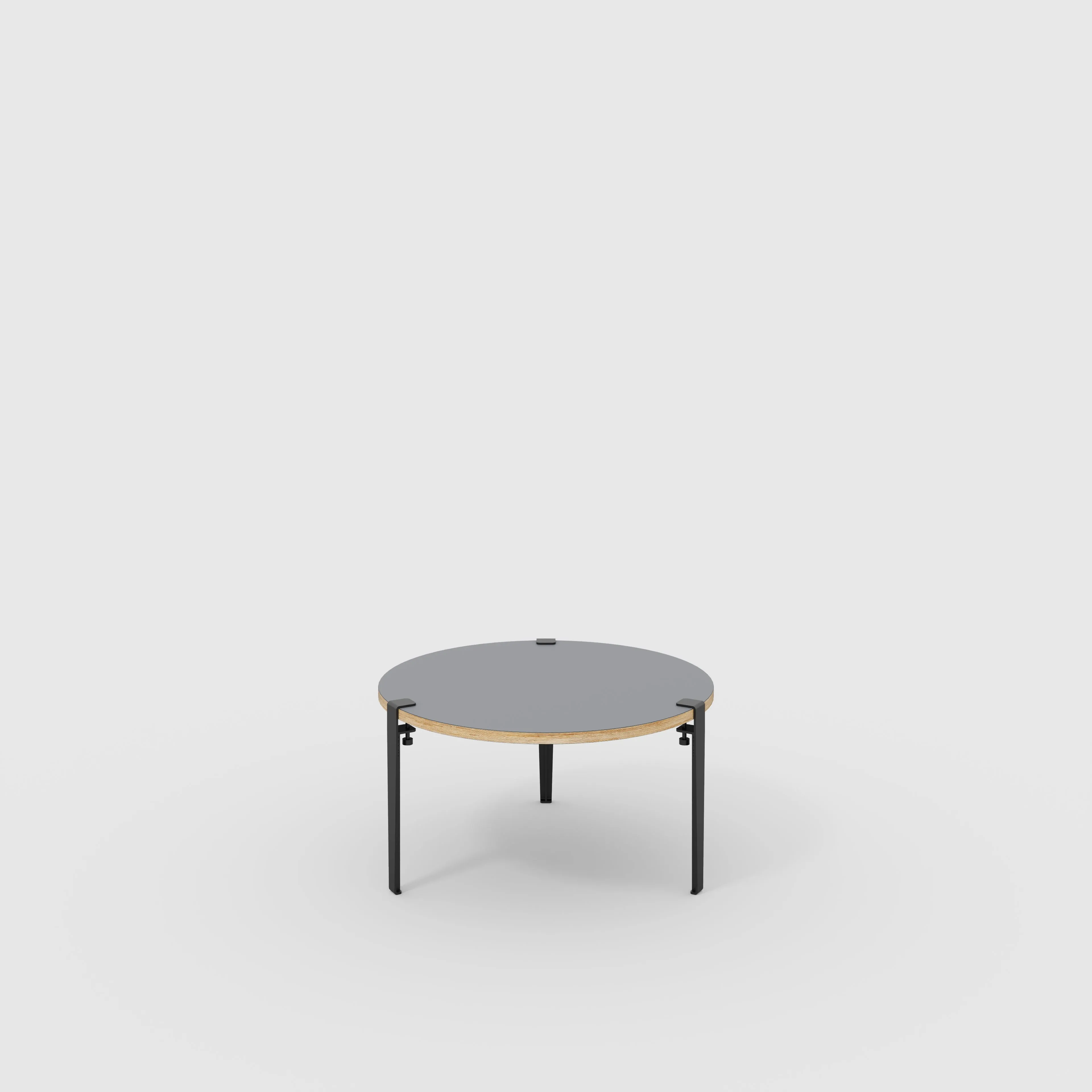 Plywood Round Coffee Table with Black Tiptoe Legs - Formica Tornado Grey - 800(dia) x 430(h)