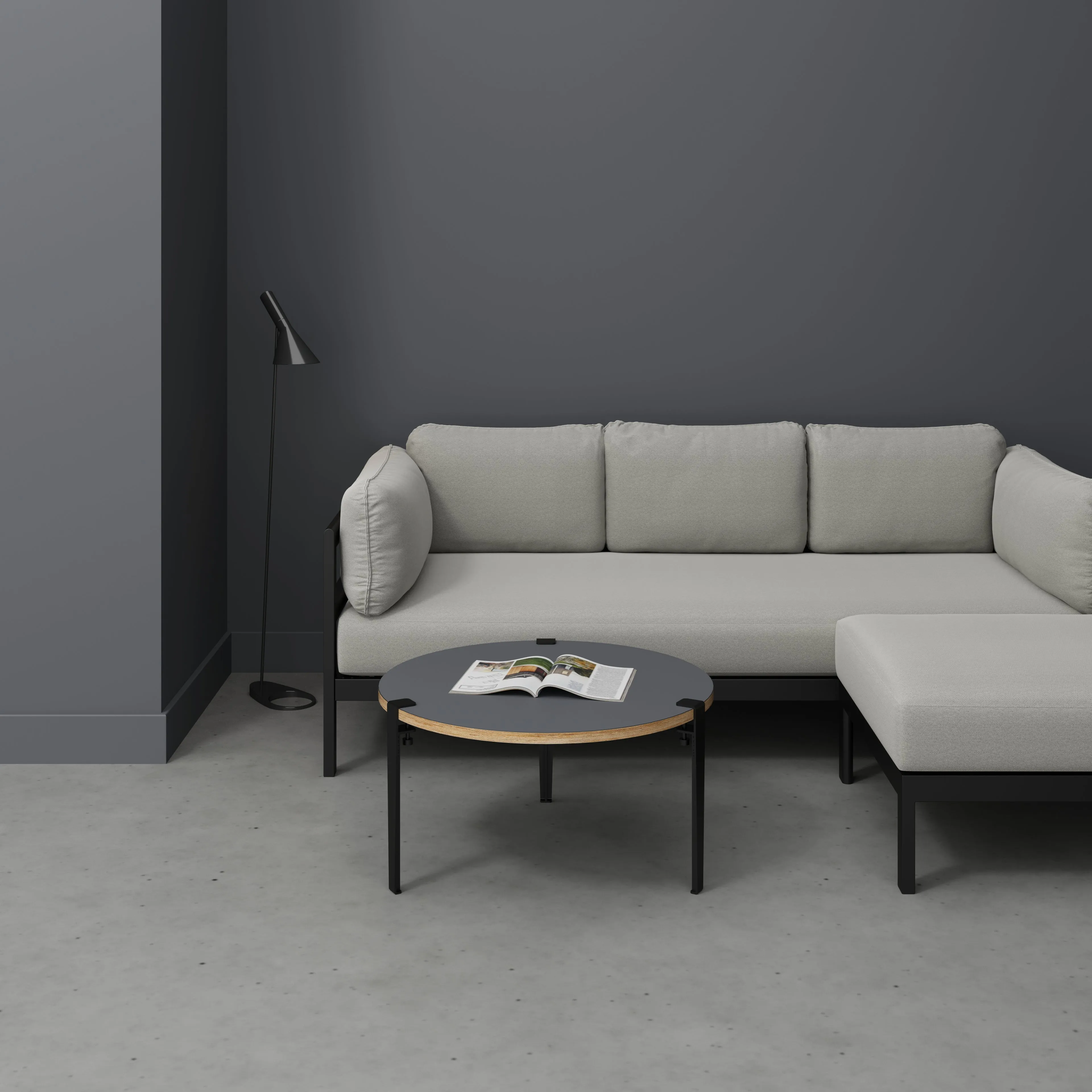 Plywood Round Coffee Table with Black Tiptoe Legs - Formica Tornado Grey - 800(dia) x 430(h)