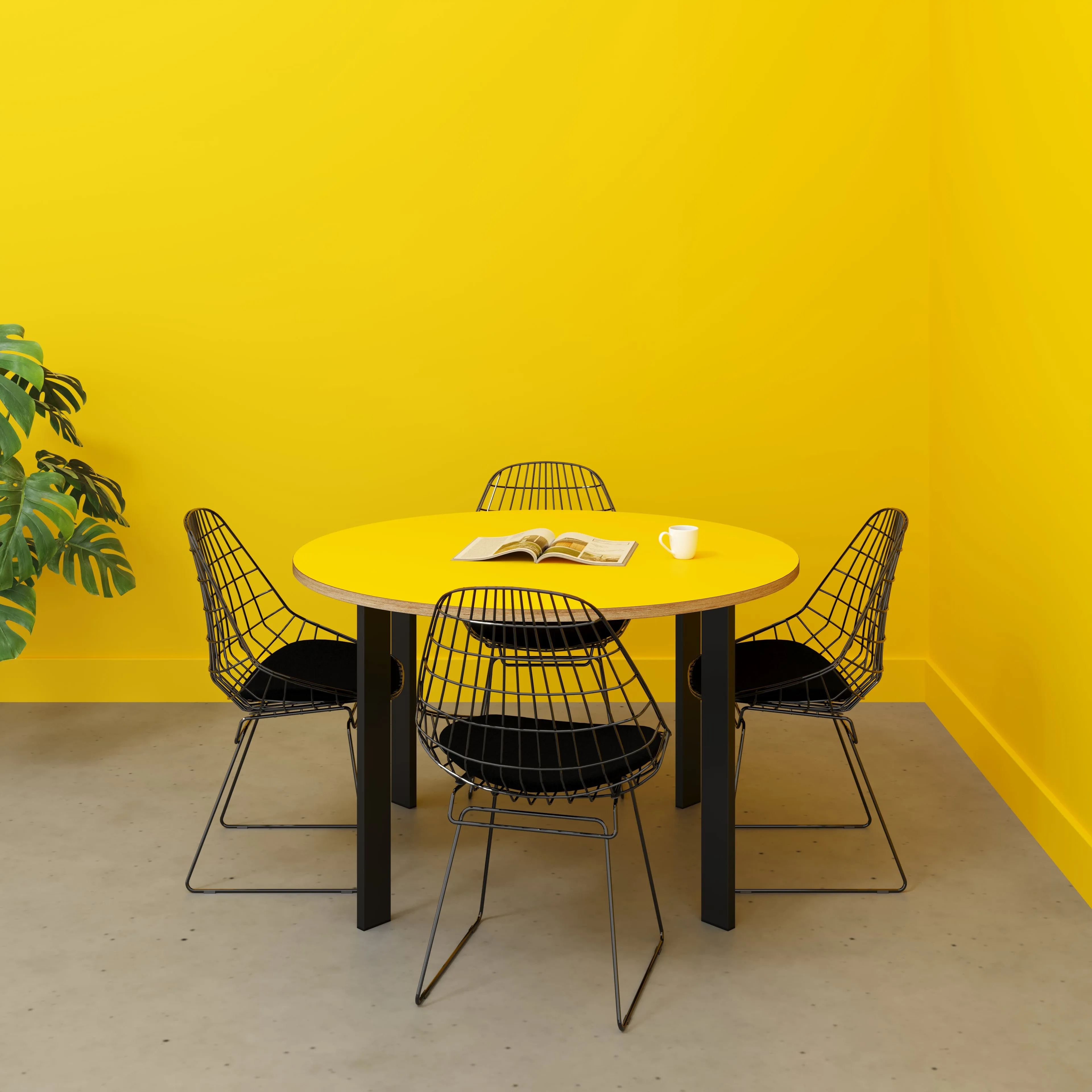 Plywood Round Table with Black Rectangular Single Pin Legs - Formica Chrome Yellow - 1200(dia) x 735(h)