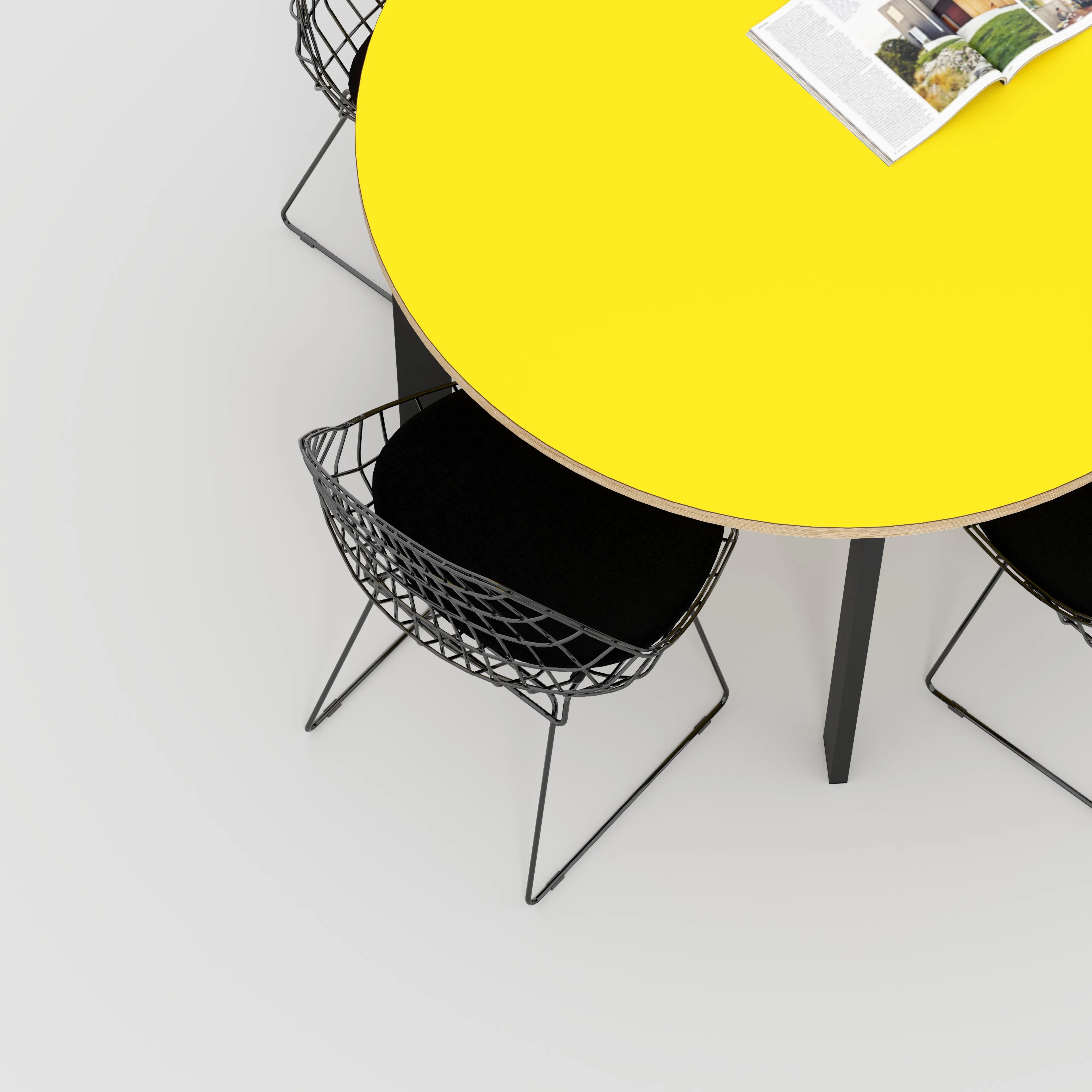Plywood Round Table with Black Rectangular Single Pin Legs - Formica Chrome Yellow - 1200(dia) x 735(h)