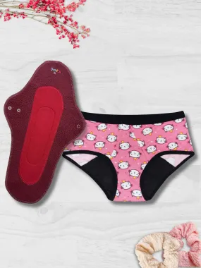 Rash-Free & Skin-Friendly Period Panty & Reusable Sanitary Pads Combo | Antimicrobial Lining | Lasts Up To 1.5 Years | Leakproof & Stain-Free | Pink Cat Print Panty & Assorted Pad