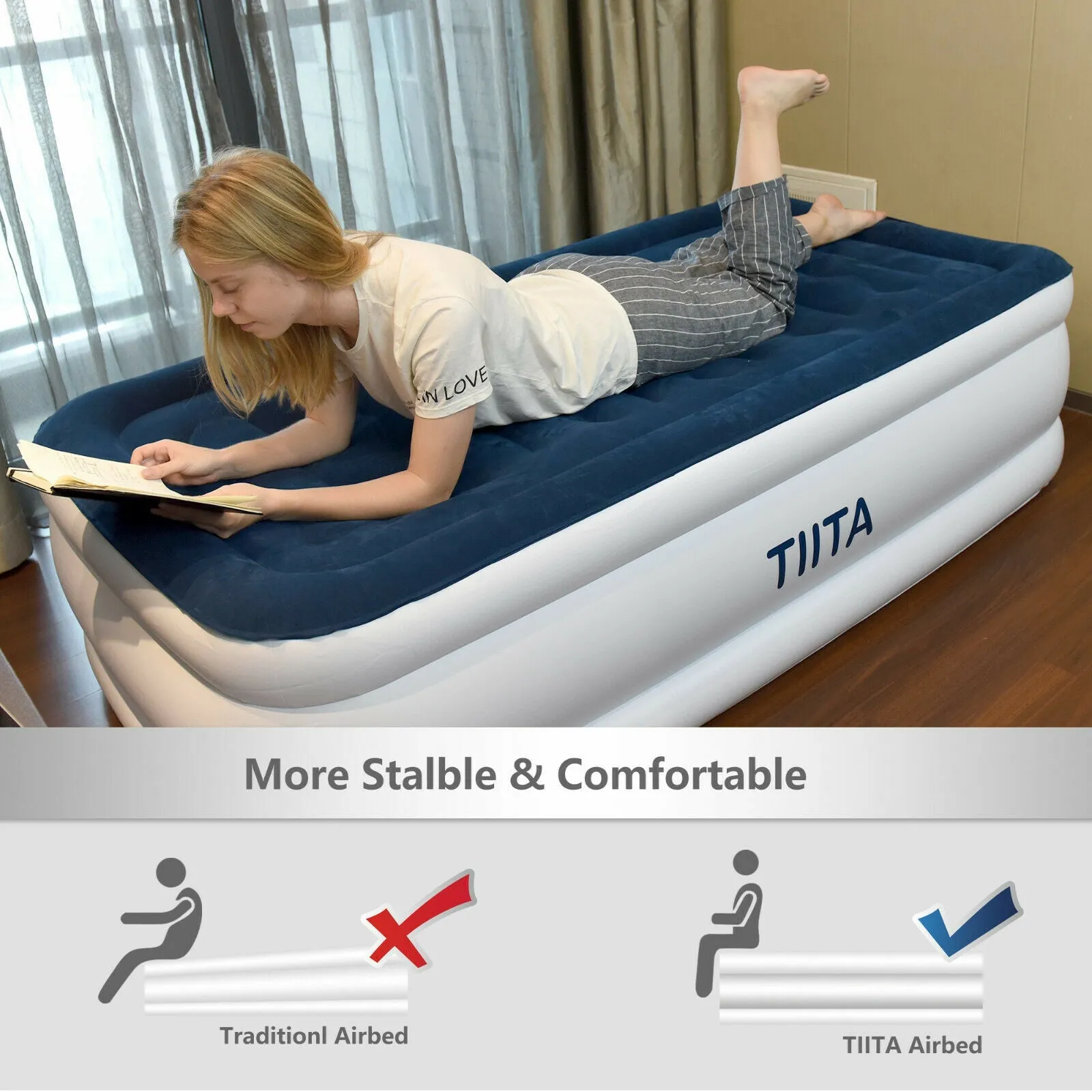TWIN Durable Air Mattress, Built-in Quick Pump, with Storage Bag, 20 in