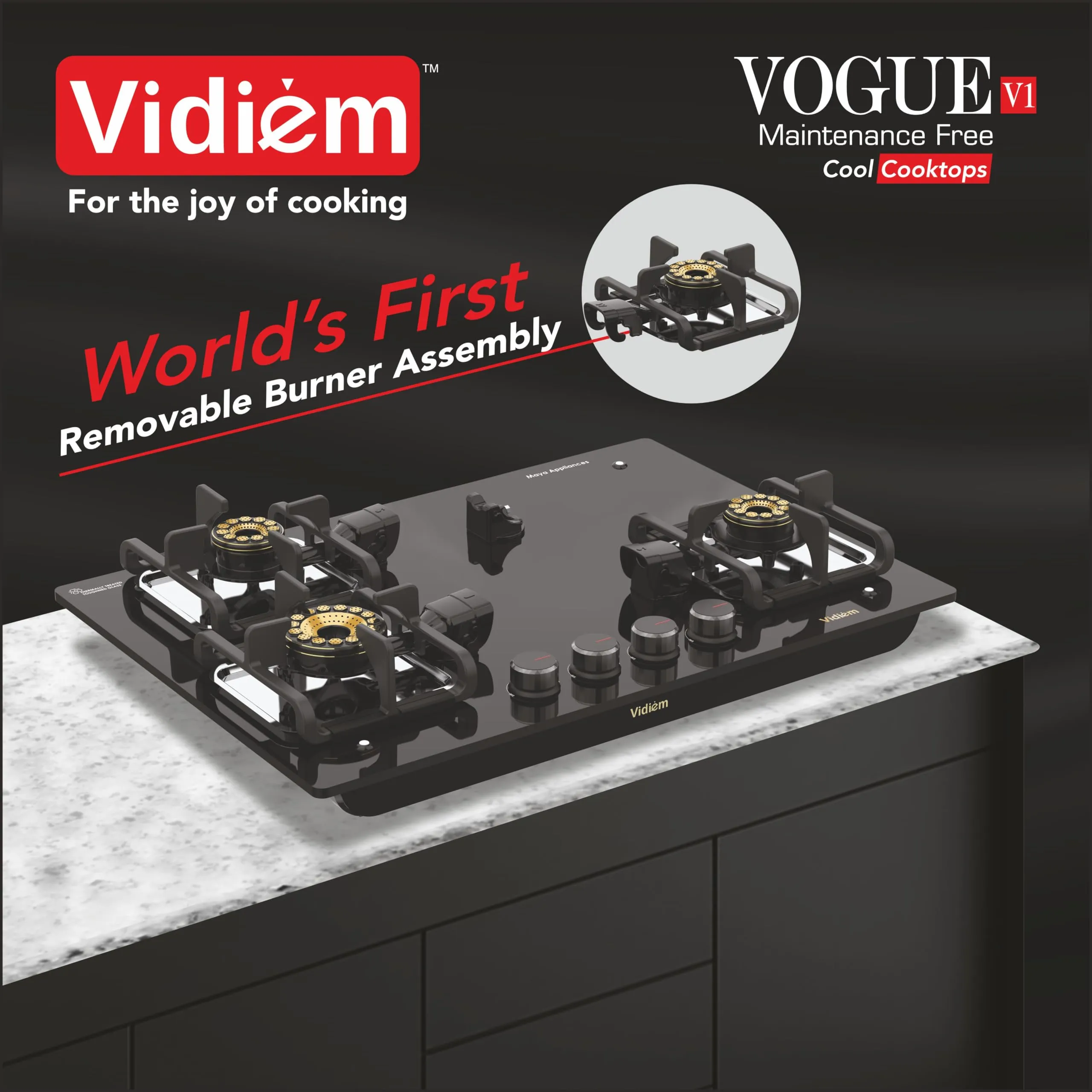 Vidiem Vogue V1 4-Burner Gas Cooktop/Hob | World's First Fully Removable Burner Assembly | 10MM Toughened Glass | Hexa Flame Forged Brass Burners | 10 MM Thick Cast Iron Pan Support | Manual Ignition