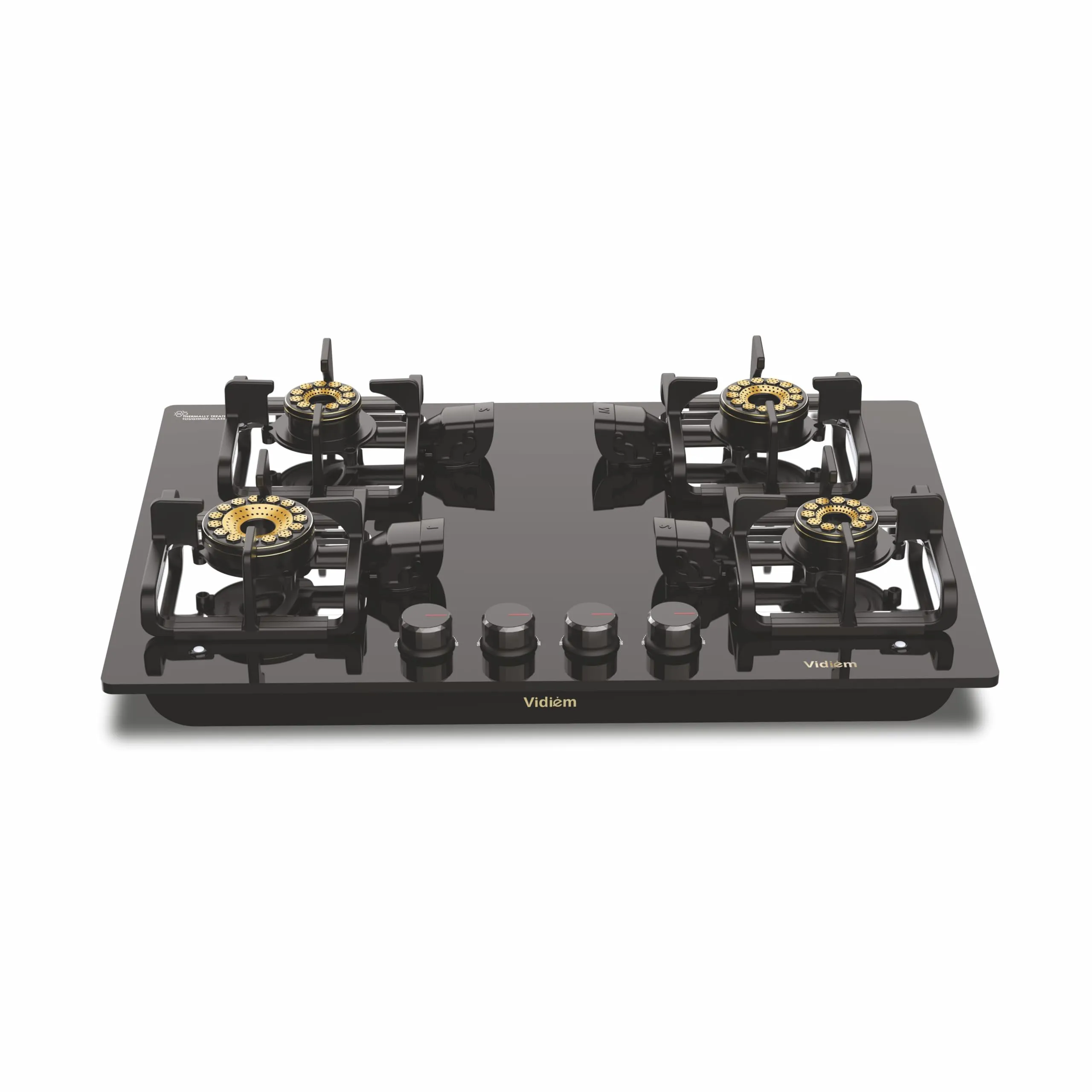 Vidiem Vogue V1 4-Burner Gas Cooktop/Hob | World's First Fully Removable Burner Assembly | 10MM Toughened Glass | Hexa Flame Forged Brass Burners | 10 MM Thick Cast Iron Pan Support | Manual Ignition