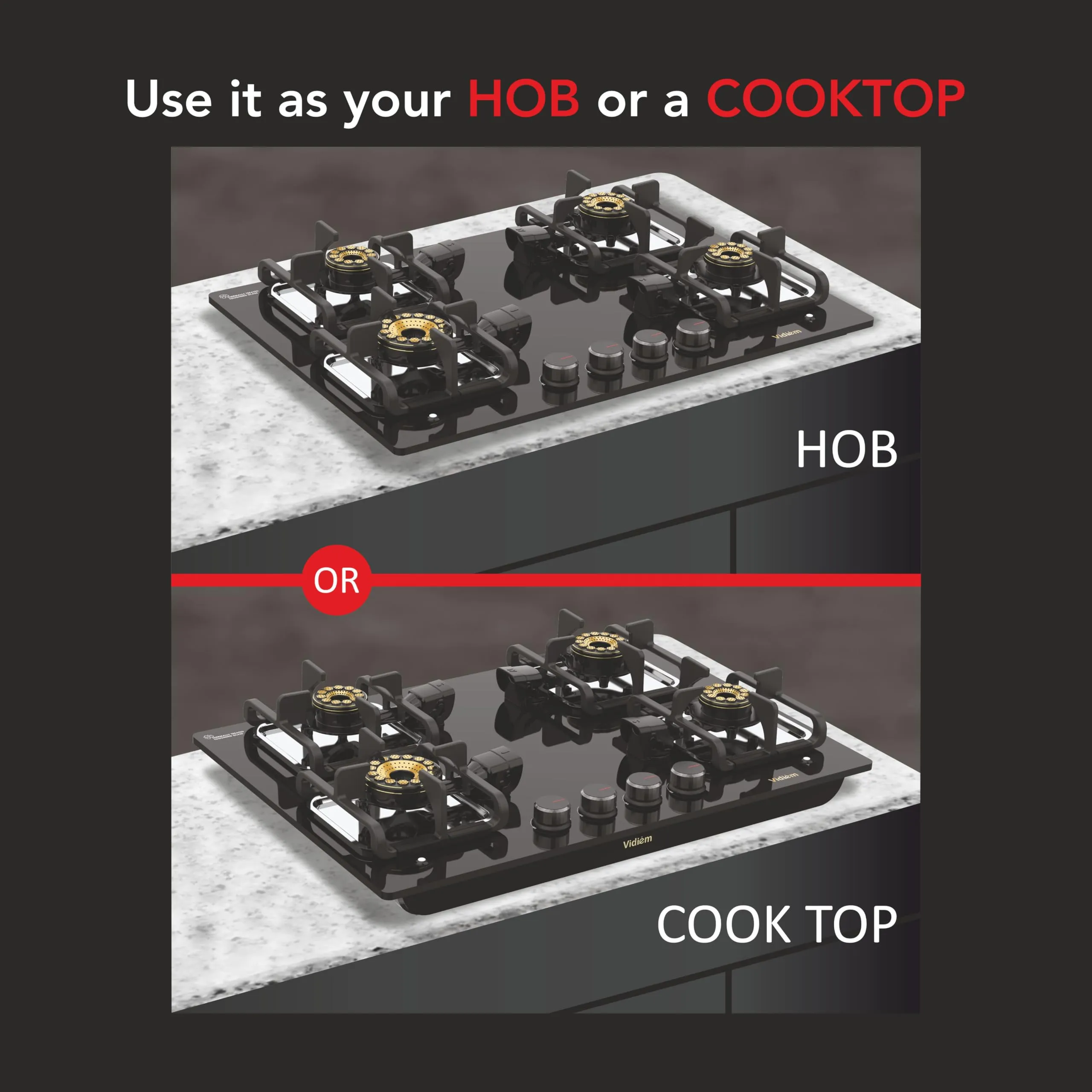 Vidiem Vogue V1 4-Burner Gas Cooktop/Hob | World's First Fully Removable Burner Assembly | 10MM Toughened Glass | Hexa Flame Forged Brass Burners | 10 MM Thick Cast Iron Pan Support | Manual Ignition
