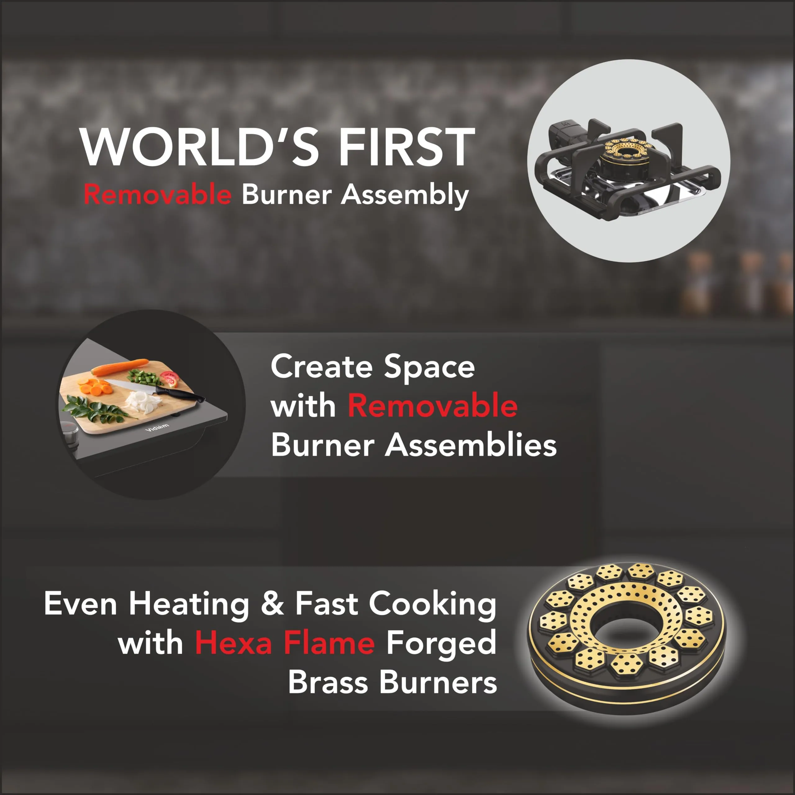 Vidiem Vogue V1 4-Burner Gas Cooktop/Hob | World's First Fully Removable Burner Assembly | 10MM Toughened Glass | Hexa Flame Forged Brass Burners | 10 MM Thick Cast Iron Pan Support | Manual Ignition
