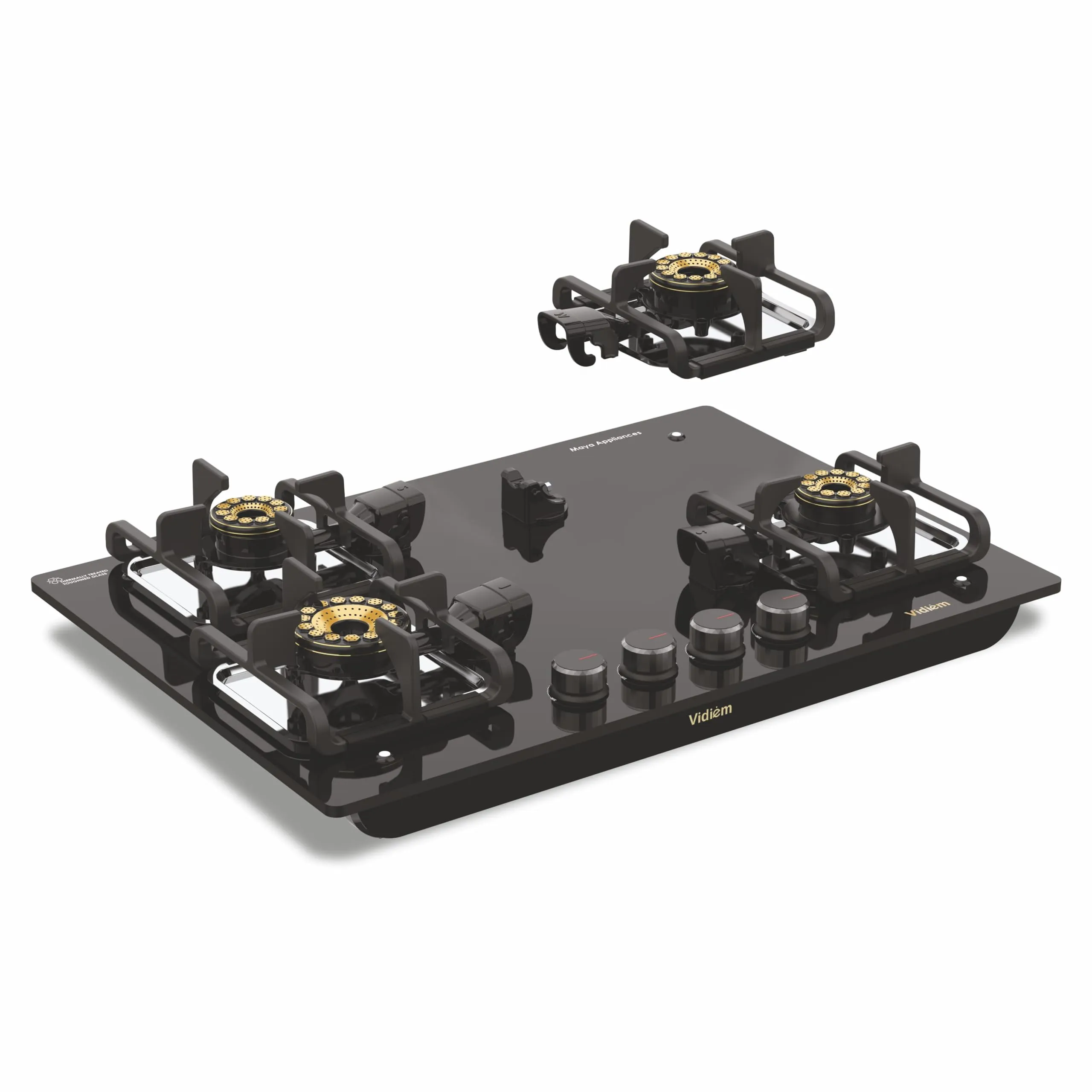 Vidiem Vogue V1 4-Burner Gas Cooktop/Hob | World's First Fully Removable Burner Assembly | 10MM Toughened Glass | Hexa Flame Forged Brass Burners | 10 MM Thick Cast Iron Pan Support | Manual Ignition