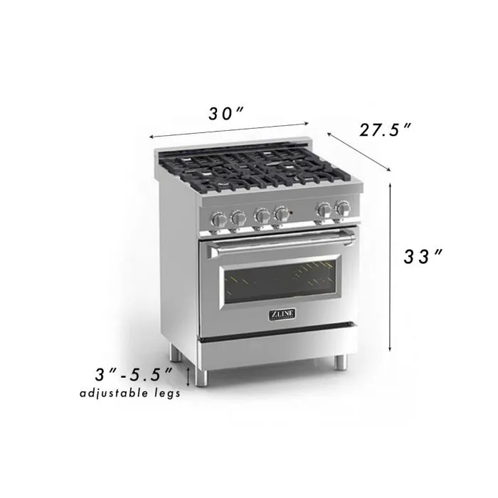 ZLINE 30" Professional Stainless Steel 4.0 CU.FT. 4 Gas Burner/Electric Oven Range (RA30)