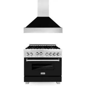 ZLINE 36" Kitchen Package with DuraSnow® Stainless Steel Gas Range with Black Matte Door and Convertible Vent Range Hood