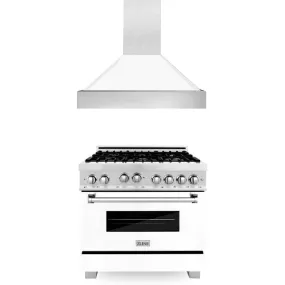 ZLINE 36" Kitchen Package with DuraSnow® Stainless Steel Gas Range with White Matte Door and Convertible Vent Range Hood